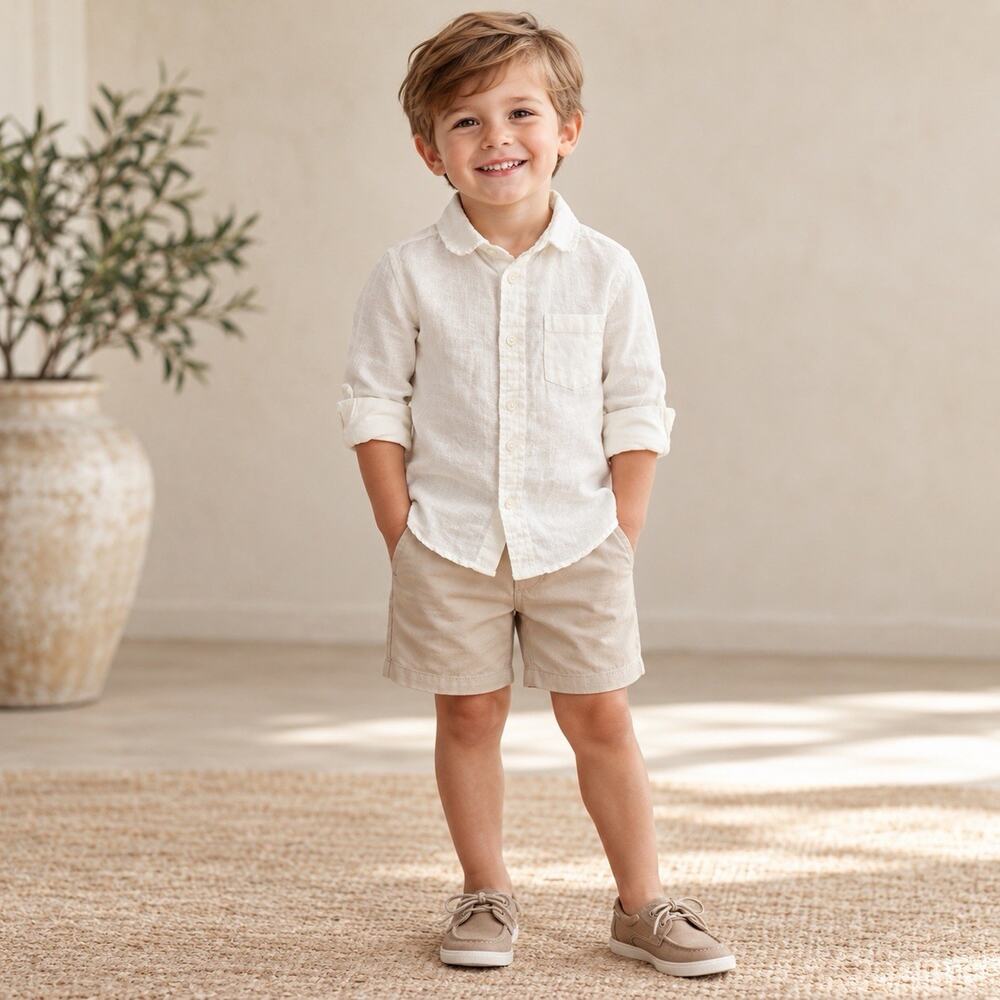 Janie and Jack Boys Size 3 White 100% Linen Button Down Shirt Coastal Wedding